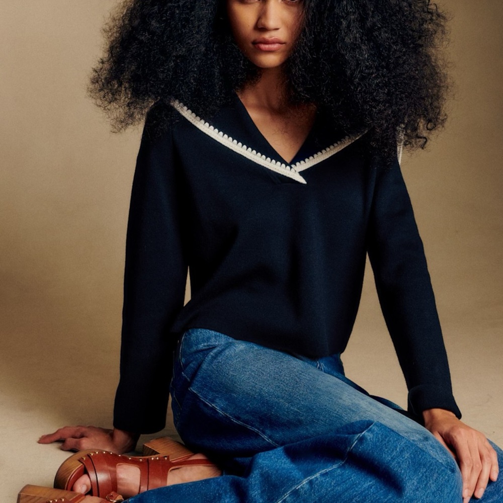 Sezane Naya Jumper Marine With Ecru Details - Size L